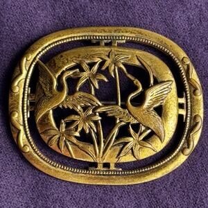Vintage Brass Heron Crane Brooch Tropical Palm Trees Art Nouveau Bird Pin